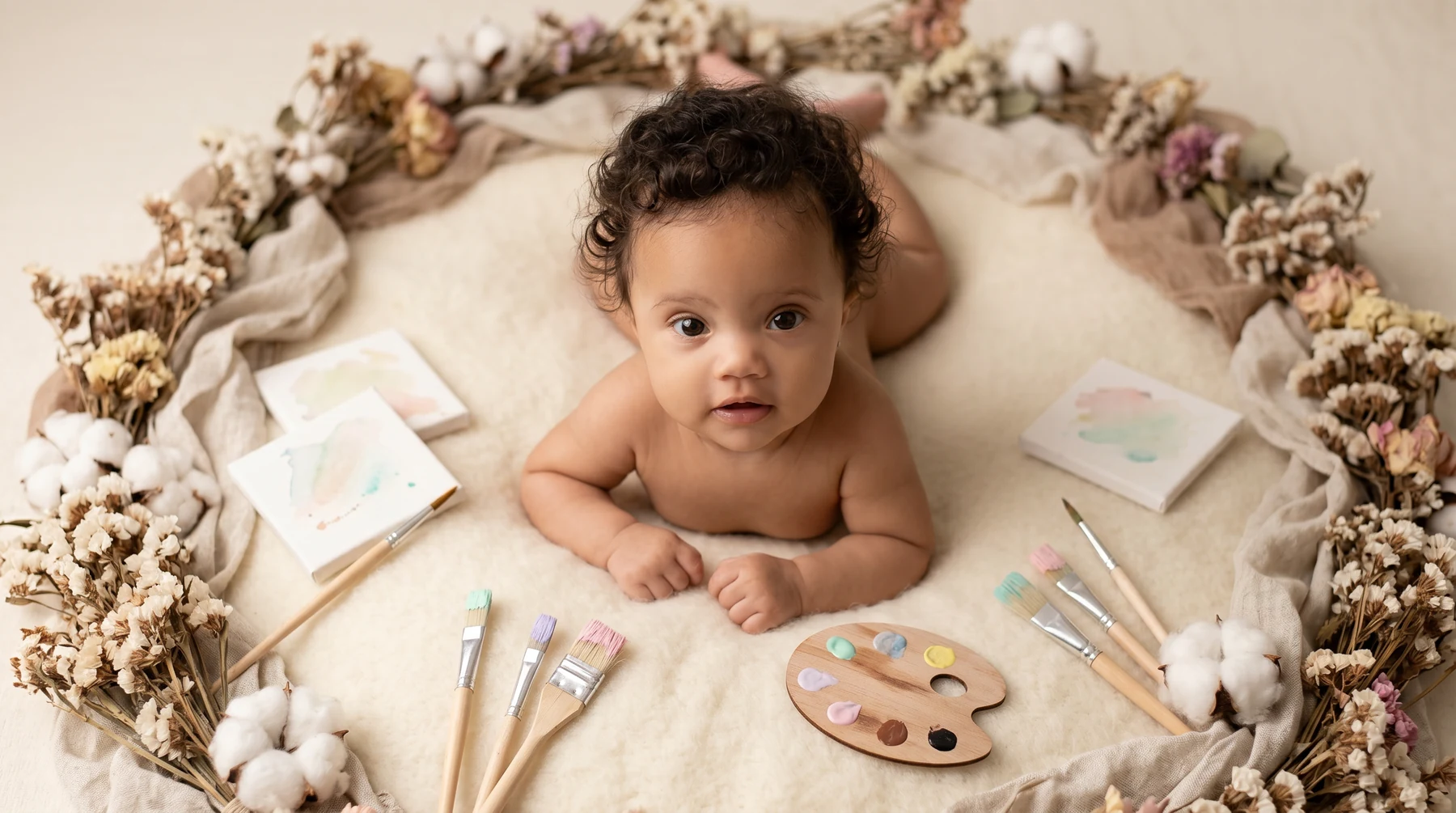 Ayla entre pincéis, flores e uma paleta de pintura.