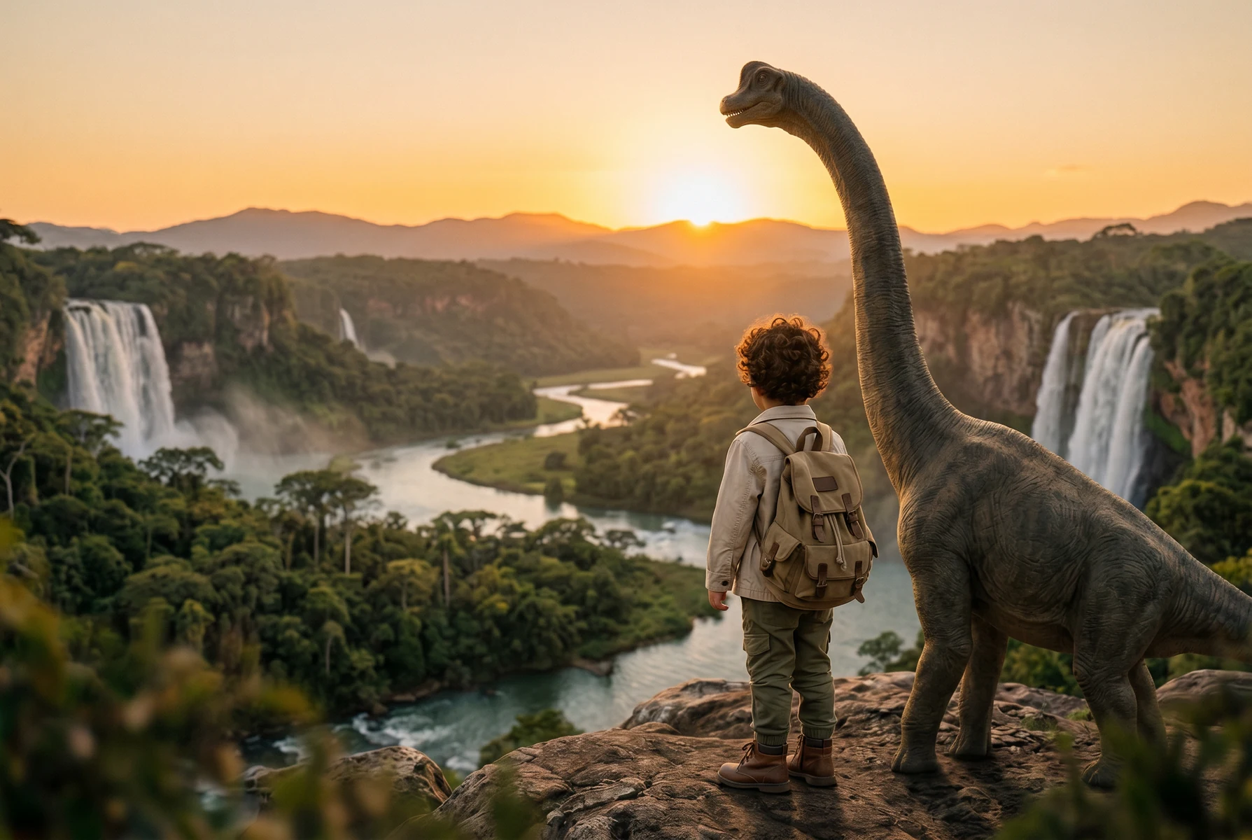 Criança observa um dinossauro diante do pôr do sol.